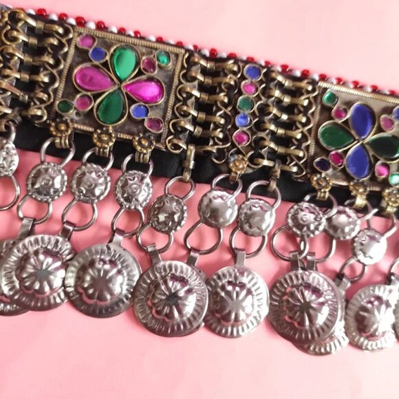 Multicolor Afghan Choker, Afghan Kuchi Glass Stones And Dangling Tassels Necklac - Picture 3 of 9